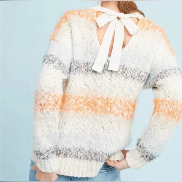 Meadow Rue Sweaters - Anthropologie Meadow Rue Kennedy Fuzzy Knit Stripe Back Bow Sweater sz M Orange